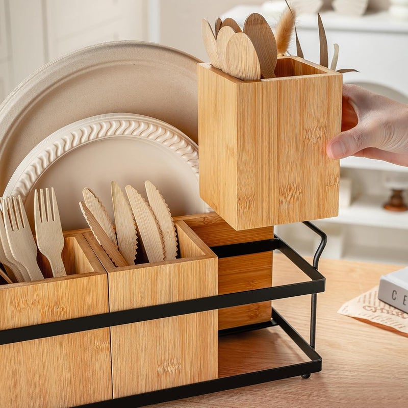 PTSTING Silverware Caddy Wood Utensil Holder Paper Plate Dispenser Silverware Utensil Caddy Cutlery Flatware Organizer Box for Spoons Forks Plates Napkins - Image 5